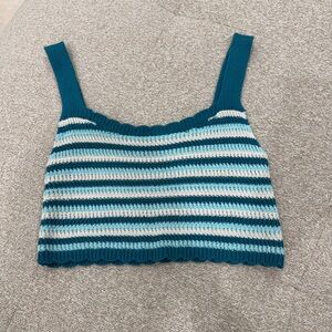 Wild Fable Teal & White Striped Crochet Knit Crop Tank Top Size S